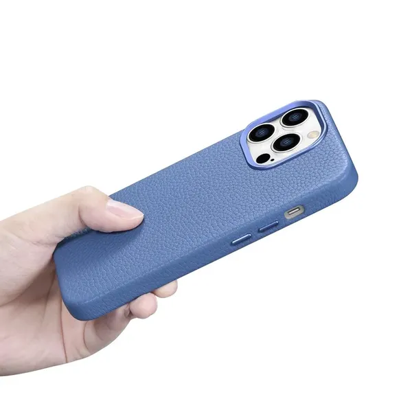 iCarer Litchi Premium Leather Case skórzane etui iPhone 14 Pro Max magnetyczne z MagSafe jasnoniebieski (WMI14220712-LB)
