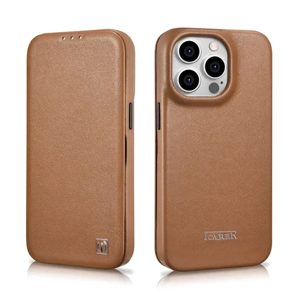 iCarer CE Premium Leather Folio Case skórzane etui iPhone 14 Pro Max z klapką magnetyczne MagSafe brązowy (WMI14220716-BN)