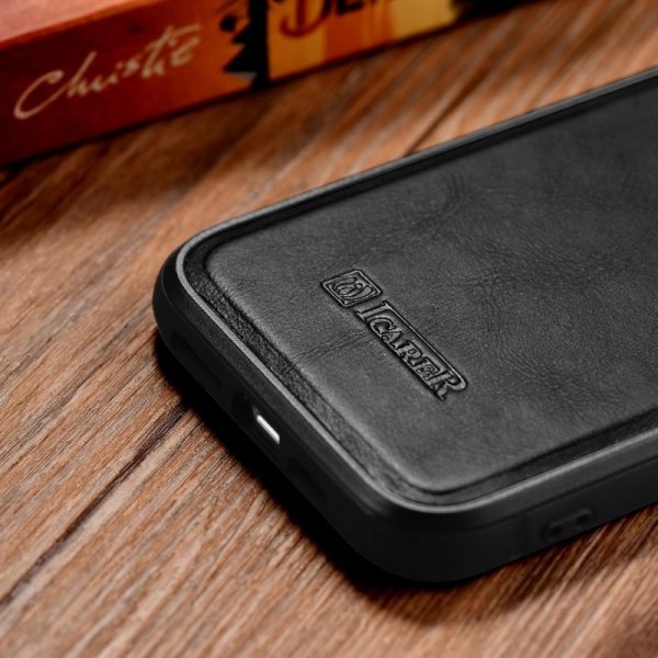 iCarer Leather Oil Wax etui pokryte naturalną skórą do iPhone 14 Plus czarny (WMI14220719-BK)