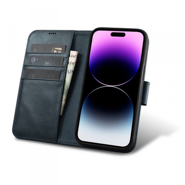iCarer Oil Wax Wallet Case 2in1 etui iPhone 14 Pro skórzany pokrowiec z klapką Anti-RFID niebieski (WMI14220722-BU)