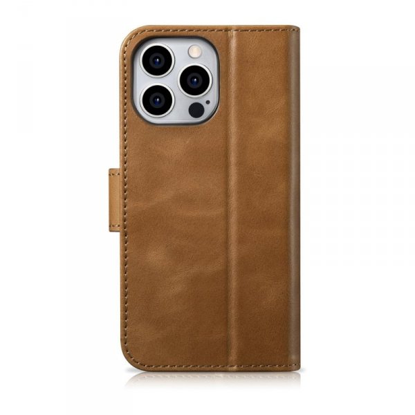 iCarer Oil Wax Wallet Case 2in1 etui iPhone 14 Pro skórzany pokrowiec z klapką Anti-RFID brązowy (WMI14220722-TN)