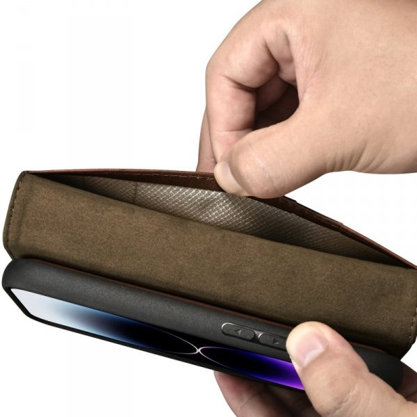 iCarer Oil Wax Wallet Case 2in1 etui iPhone 14 Pro Max skórzany pokrowiec z klapką Anti-RFID brązowy (WMI14220724-BN)