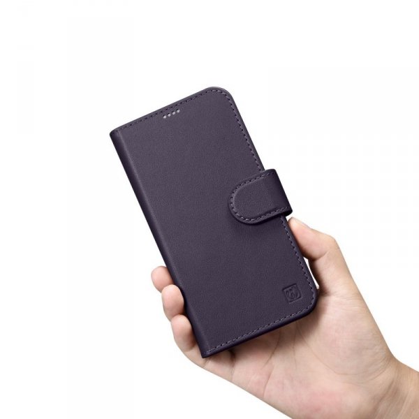 iCarer Wallet Case 2in1 etui iPhone 14 Pro skórzany pokrowiec z klapką Anti-RFID ciemnofioletowy (WMI14220726-DP)