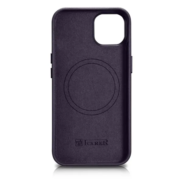 iCarer Case Leather pokrowiec etui z naturalnej skóry do iPhone 14 Plus ciemnofioletowy (kompatybilne z MagSafe)