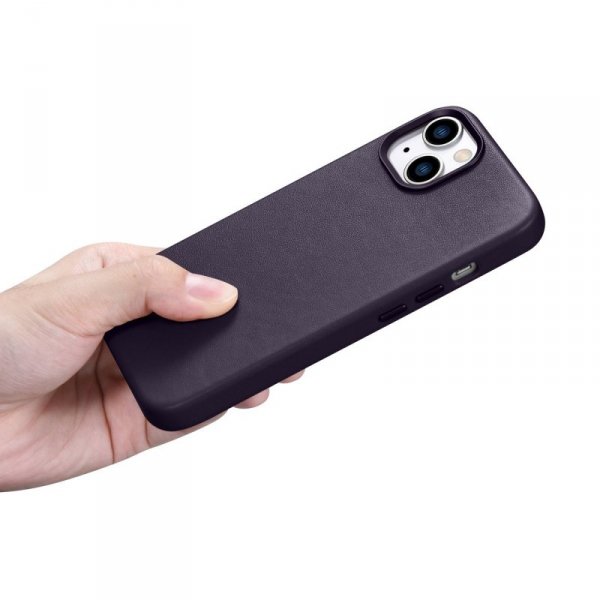 iCarer Case Leather pokrowiec etui z naturalnej skóry do iPhone 14 Plus ciemnofioletowy (kompatybilne z MagSafe)