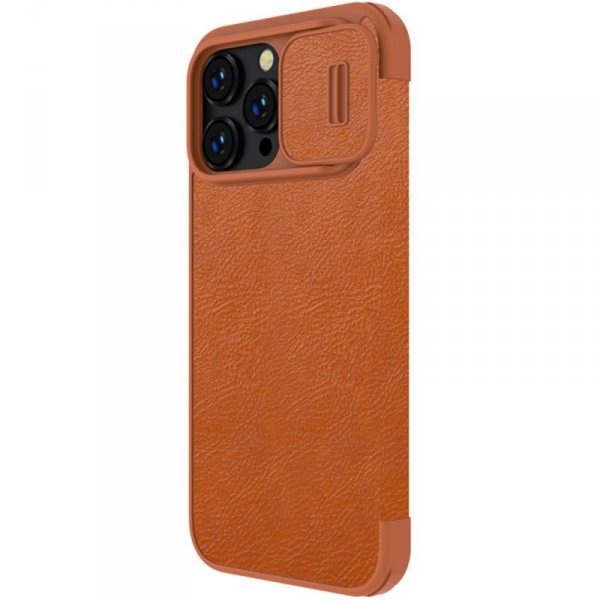 Nillkin Qin Leather Pro Case etui iPhone 14 Pro osłona na aparat kabura pokrowiec obudowa z klapką brązowy