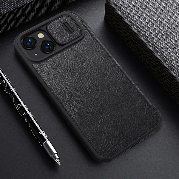 Nillkin Qin Leather Pro Case etui iPhone 14 Plus osłona na aparat kabura pokrowiec obudowa z klapką brązowy