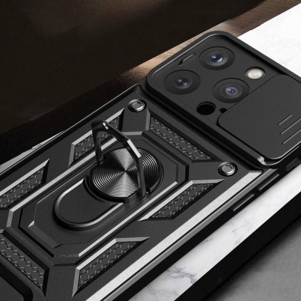 Pancerne etui z podstawką i osłoną aparatu do iPhone 15 Pro Hybrid Armor Camshield - niebieskie