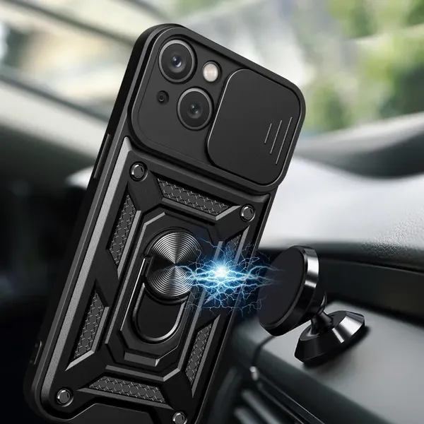 Pancerne etui z podstawką i osłoną aparatu do iPhone 15 Plus Hybrid Armor Camshield - czarne