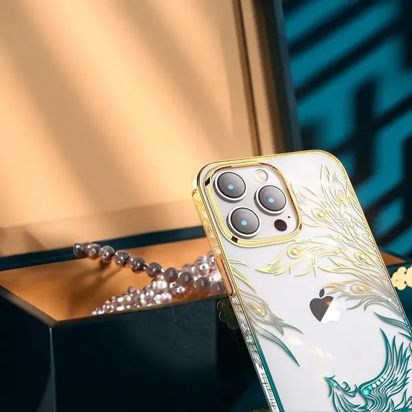 Luksusowe etui iPhone 14 z kryształami Kingxbar Phoenix - złoto-niebieskie
