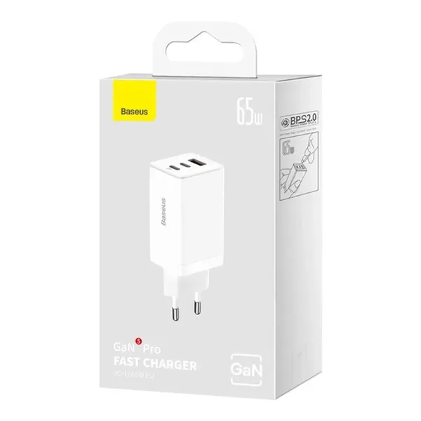 Szybka ładowarka sieciowa GaN 2xUSB C 1xUSB 65W Baseus GaN5 Pro + kabel USB C - USB C 100W - biała