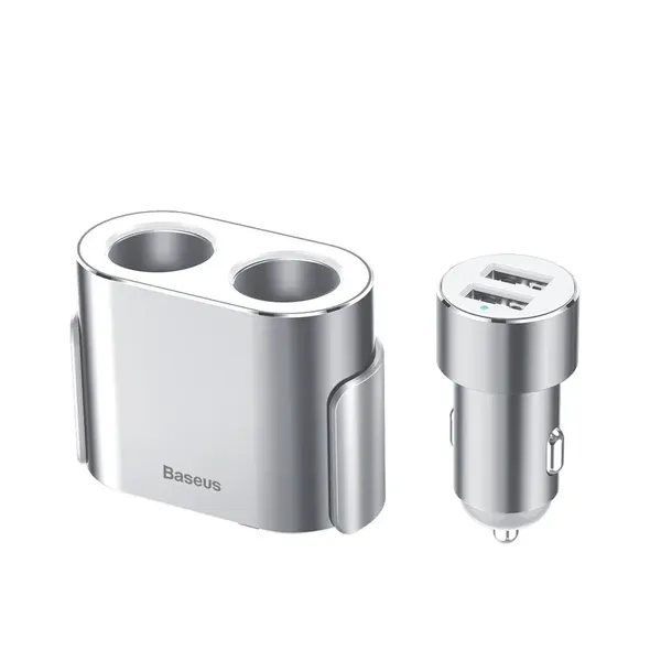 Rozdzielacz Baseus CRDYQ-0S 2x gniazdo zapalniczki 80W 2x USB-A 3.1A - srebrny