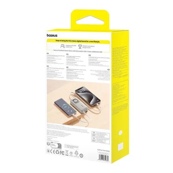 Powerbank Baseus Free2Pull 10000mAh 30W z portem USB-C i rozwijanym kablem USB-C - szary