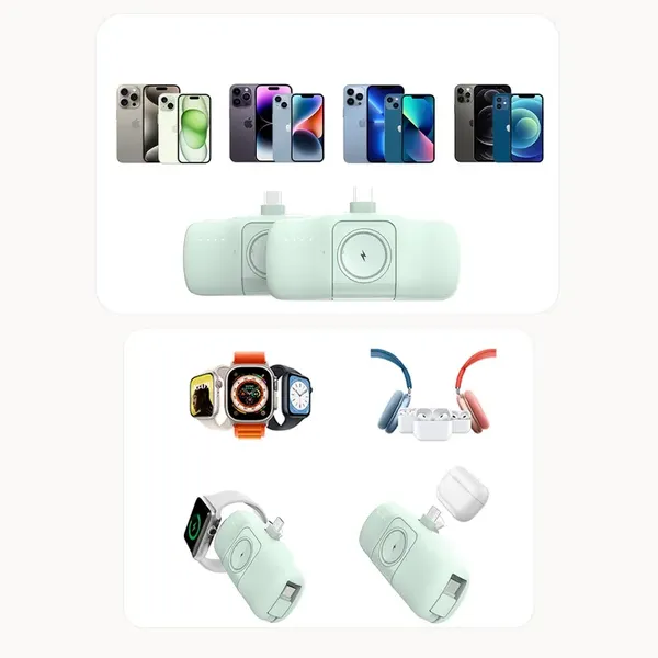 Mini powerbank Wozinsky WF16-YLS 5000mAh 15W Lightning z wbudowanym kablem USB-C i ładowarką do Apple Watch - zielony