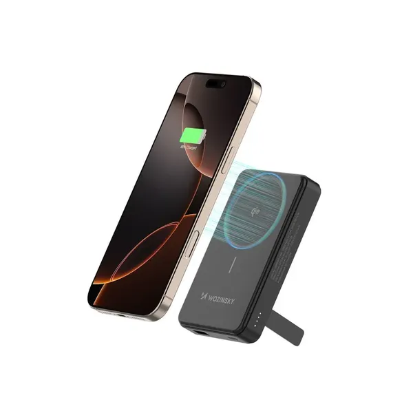 Powerbank Wozinsky WLWP-10KA0Y3S 22,5W PD Qi2 10000 mAh, z podstawką, 1x USB-A, 1x USB-C - czarny