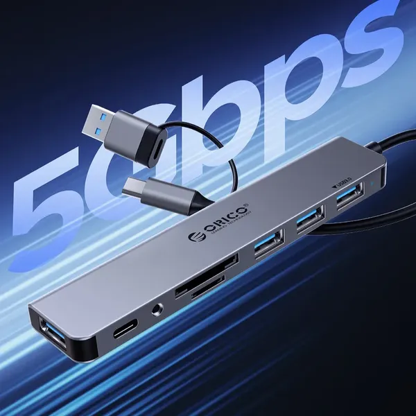 Hub USB-A/USB-C Orico YSB4-U2 stacja dokująca 2x USB-A 2.0 + 1x USB-A 3.0 + 1x USB-C 2.0 + 1x USB-C - szary
