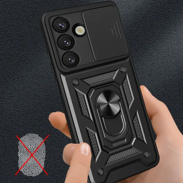 Pancerne etui Hybrid Armor Camshield z podstawką i osłoną aparatu na Samsung Galaxy S25 Edge - czarne