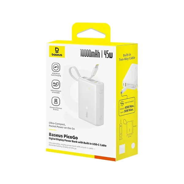 Powerbank Baseus PicoGo 10000mAh 45W z wbudowanym kablem i wyświetlaczem - biały
