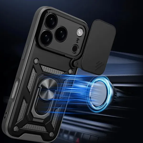 Etui Hybrid Armor Camshield na iPhone 17 Pro Max pancerne z podstawką i osłoną aparatu - czarne
