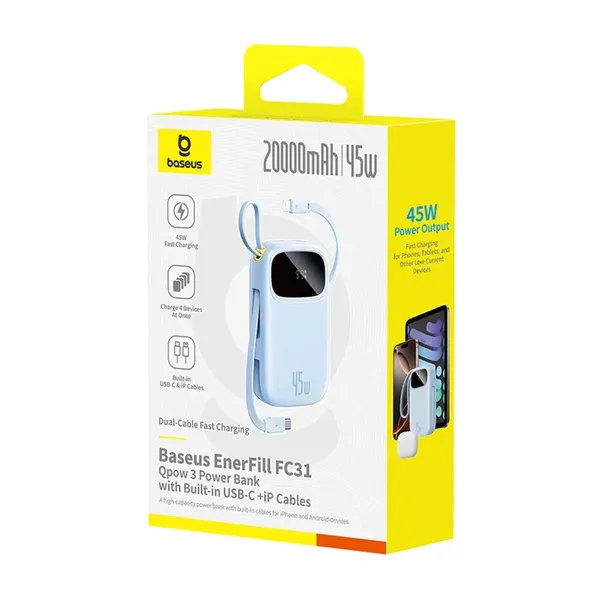 Powerbank Baseus EnerFill FC31 QPow3 20000mAh 45W z wyświetlaczem z kablami USB-C i Lightning - niebieski