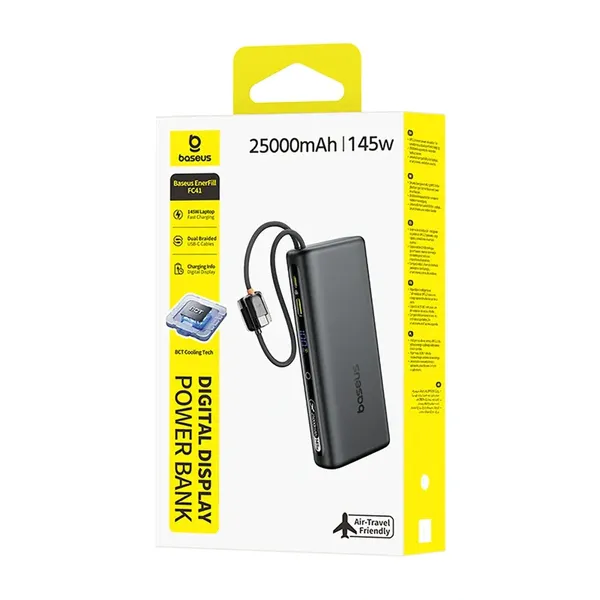 Powerbank Baseus EnerFill FC41 25000mAh 145W z wyświetlaczem cyfrowym i wbudowanym podwójnym kablem USB-C - czarny