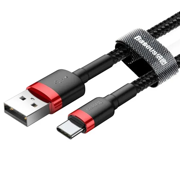 Baseus Cafule Cable wytrzymały nylonowy kabel przewód USB / USB-C QC3.0 2A 2M czarno-czerwony (CATKLF-C91)