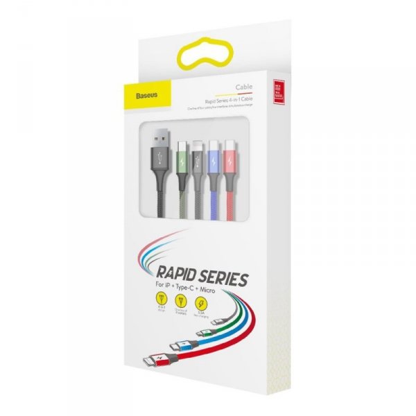 Baseus kabel przewód USB 4w1 Lightning / 2x USB Typ C / micro USB w nylonowym oplocie 3.5A 1.2m czarny (CA1T4-B01)