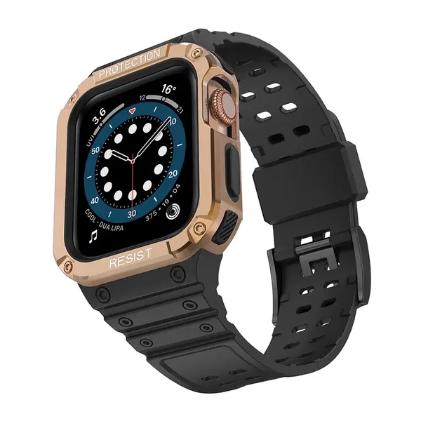 Pasek z etui ochronnym Protect Strap Band do Apple Watch 42 / 44 / 45 mm opaska obudowa pancerna - czarny, różowe złoto