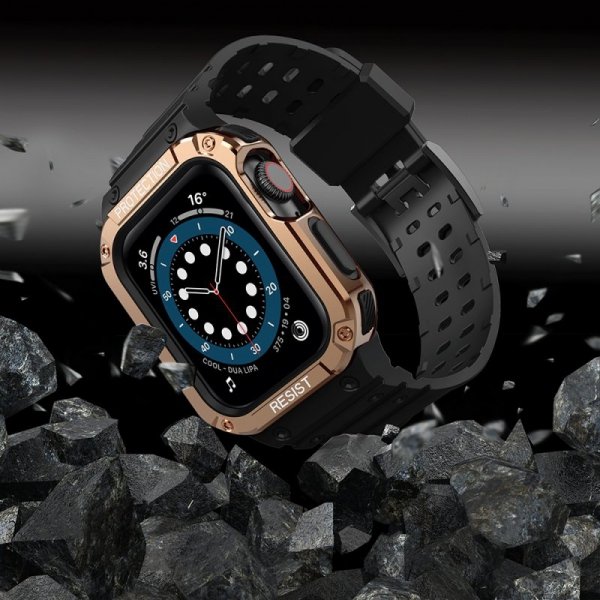 Pasek z etui ochronnym Protect Strap Band do Apple Watch 42 / 44 / 45 mm opaska obudowa pancerna - czarny, różowe złoto