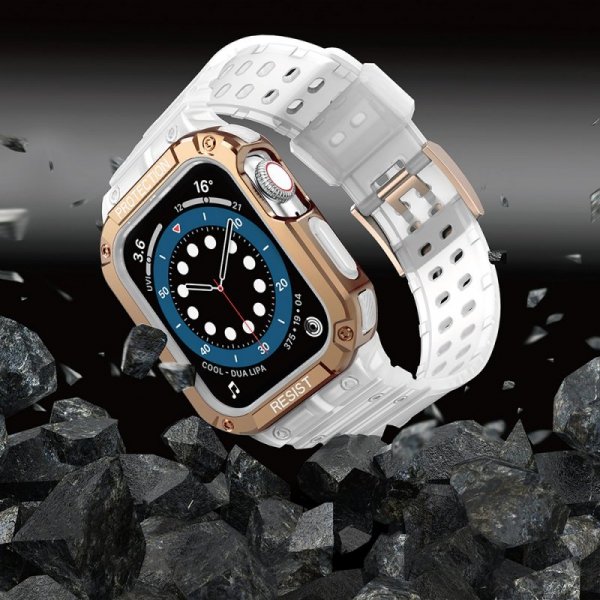 Pasek z etui ochronnym Protect Strap Band do Apple Watch 42 / 44 / 45 mm opaska obudowa pancerna - przezroczysty, różowe złoto