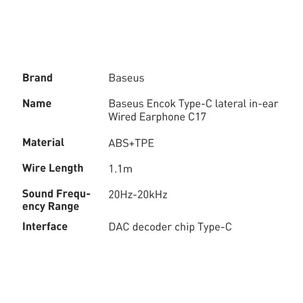 Baseus Encok C17 douszne słuchawki na kablu z mikrofonem USB Typ C białe (NGCR010002)