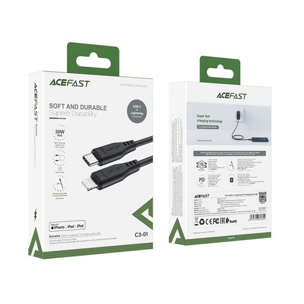 Acefast kabel MFI USB Typ C - Lightning 1,2m, 30W, 3A czarny (C3-01 black)