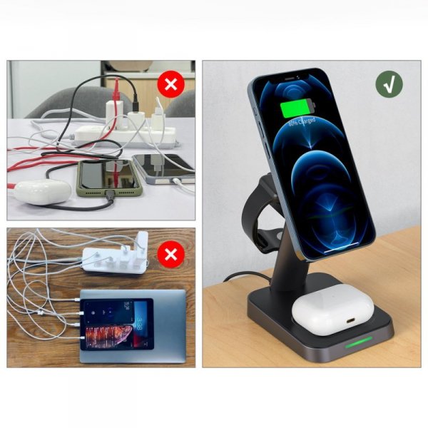 Acefast bezprzewodowa ładowarka Qi 15W do iPhone (z MagSafe), Apple Watch i Apple AirPods stojak podstawka uchwyt magnetyczny cz