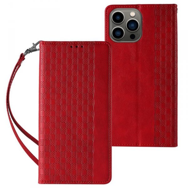 Magnet Strap Case etui do iPhone 13 Pro Max pokrowiec portfel + mini smycz zawieszka czerwony