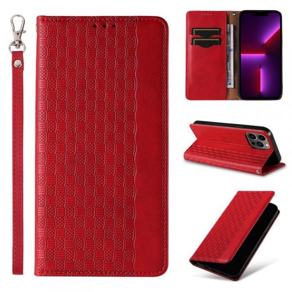 Magnet Strap Case etui do iPhone 13 Pro Max pokrowiec portfel + mini smycz zawieszka czerwony