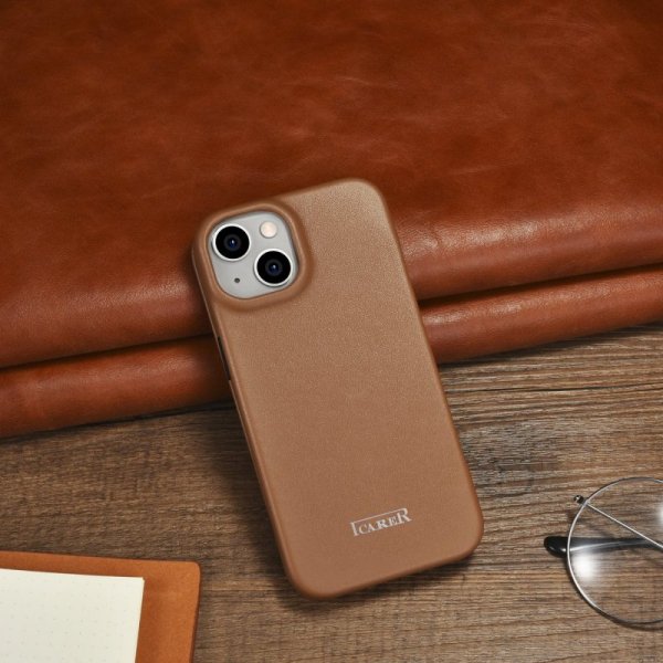DUPLIKAT: iCarer CE Premium Leather Folio Case skórzane etui iPhone 14 z klapką magnetyczne MagSafe brązowy (WMI14220713-BN)