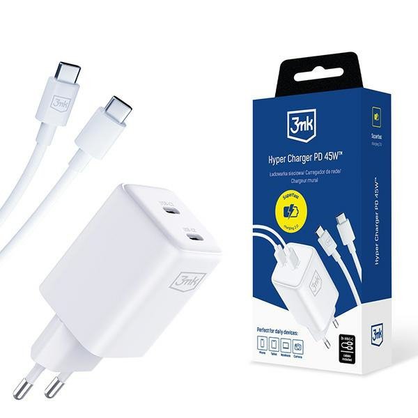 3MK Hyper Charger PD 45W ład. sieć.biała/white + 2x USB-C Cables