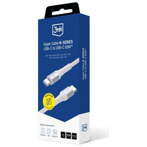 Kabel 3MK Hyper Cable N-SERIES USB-C do  USB-C 1m 20V/3A 60W biały
