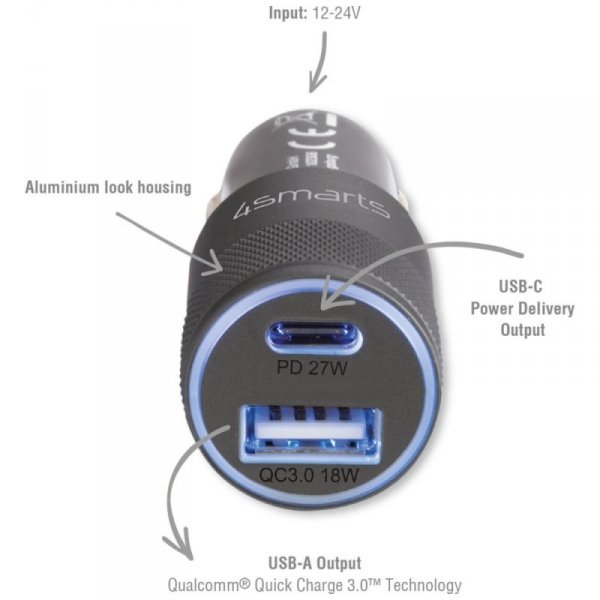 Ładowarka samochodowa 4smarts Charger    Rapid+ 27W Quick Charge PD szaro czarny