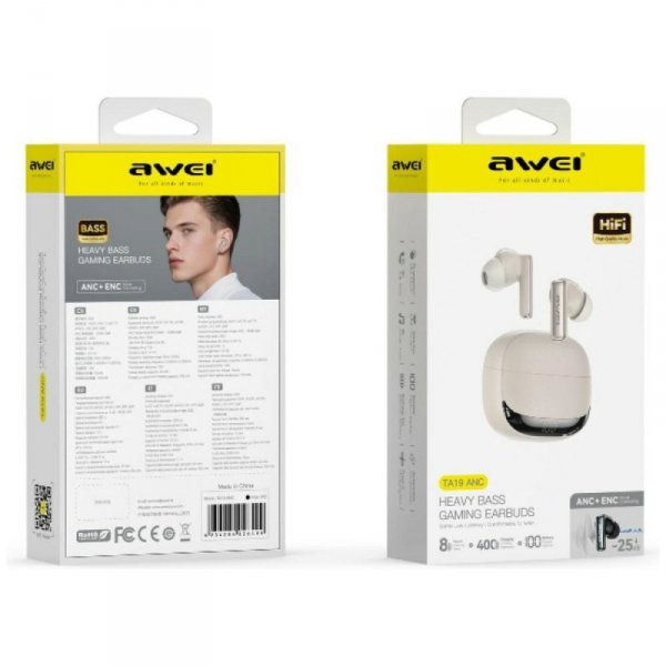 Słuchawki bezprzewodowe AWEI TA19 ANC    Bluetooth 6.0 TWS + stacja dokująca beżowy