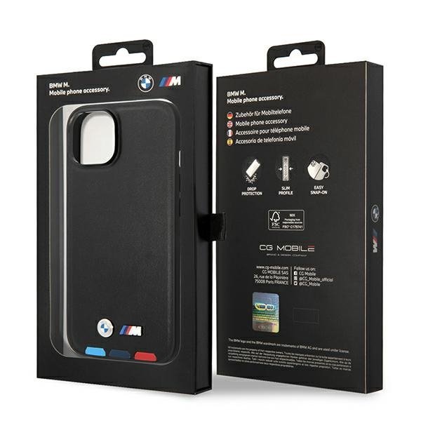 Etui BMW BMHMP14S22PTDK iPhone 14 / 15 / 13 6.1&quot; czarny/black Leather Stamp Tricolor Magsafe