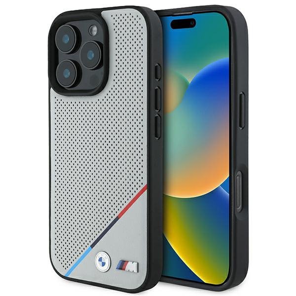 BMW BMHMP16L23PUPDG iPhone 16 Pro 6.3&quot; szary/grey hardcase M Perforated Tricolor Line MagSafe