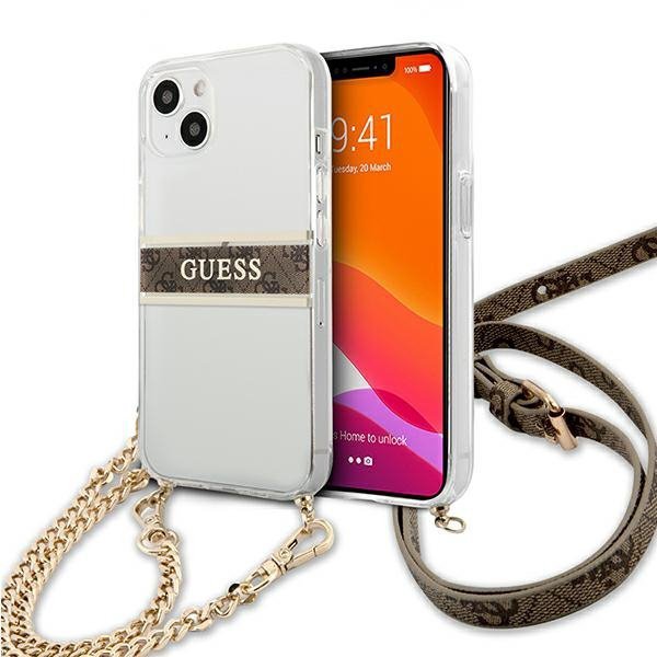 Guess GUHCP13SKC4GBGO iPhone 13 mini5,4&quot; Transparent hardcase 4G Brown Strap Gold Chain