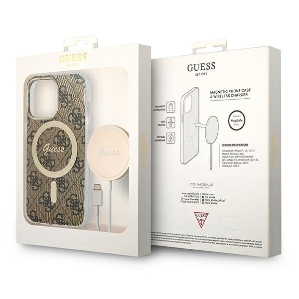 Zestaw Guess GUBPP13XH4EACSW Case+ Charger iPhone 13 Pro Max brązowy/brown hard case 4G Print MagSafe