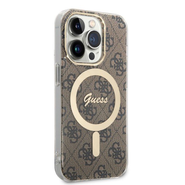 Zestaw Guess GUBPP14XH4EACSW Case+ Charger iPhone 14 Pro Max 6,7&quot; brązowy/brown hard case 4G Print MagSafe
