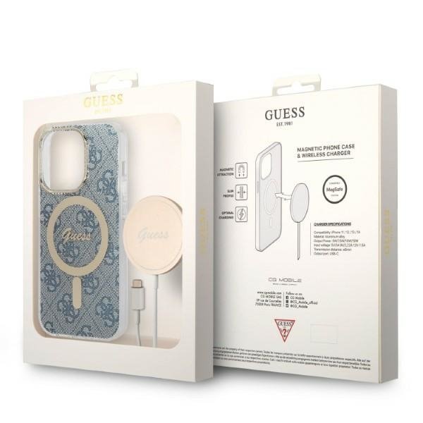 Zestaw Guess GUBPP14LH4EACSB Case+ Charger iPhone 14 Pro 6,1&quot; niebieski/blue hard case 4G Print MagSafe