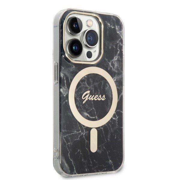Zestaw Guess GUBPP14LHMEACSK Case+ Charger iPhone 14 Pro 6,1&quot; czarny/black hard case Marble MagSafe
