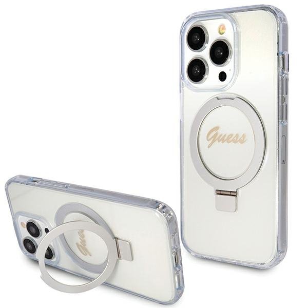 Guess GUHMP15XHRSGSD iPhone 15 Pro Max 6.7&quot; przezroczysty/transparent hardcase Ring Stand Script Glitter MagSafe