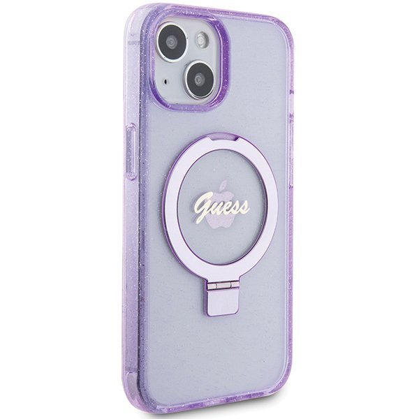 Guess GUHMP15SHRSGSU iPhone 15 / 14 / 13 6.1&quot; fioletowy/purple hardcase Ring Stand Script Glitter MagSafe
