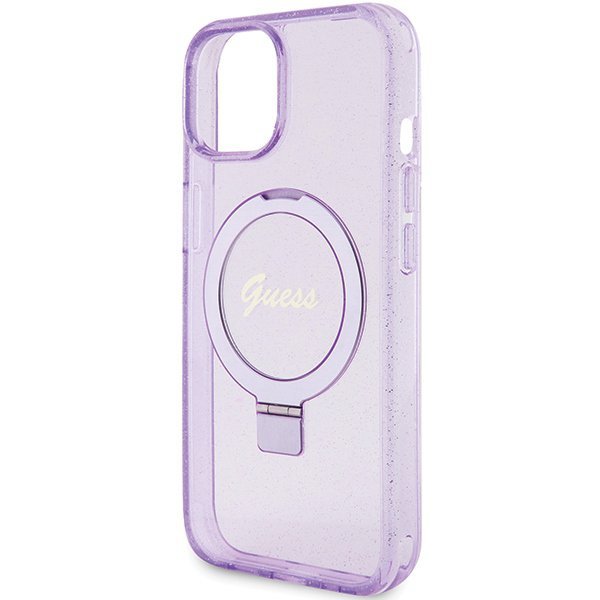 Guess GUHMP15SHRSGSU iPhone 15 / 14 / 13 6.1&quot; fioletowy/purple hardcase Ring Stand Script Glitter MagSafe